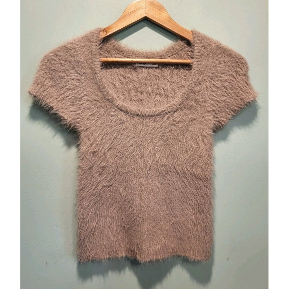Tan Fuzzy Soft Short Sleeve Scoop Neck Fitted Stretch Crop Sweater Sz S